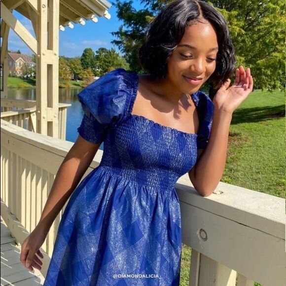 Hill House Athena Nap Dress Navy Glitter Check in Size XS - Picture 2 of 8